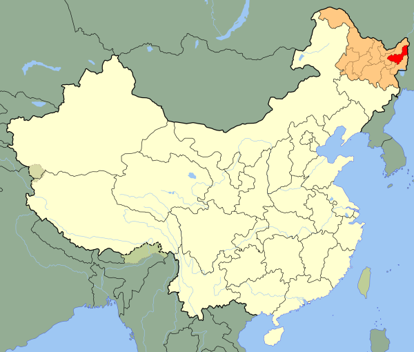Shuangyashan (red) is in the eastern part of Heilongjiang province.
